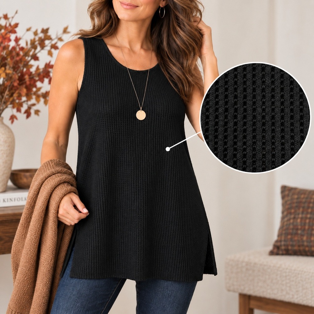 Chico's Zenergy Black Waffle Knit Sleeveless Tunic Top Side Slit Lagenlook M